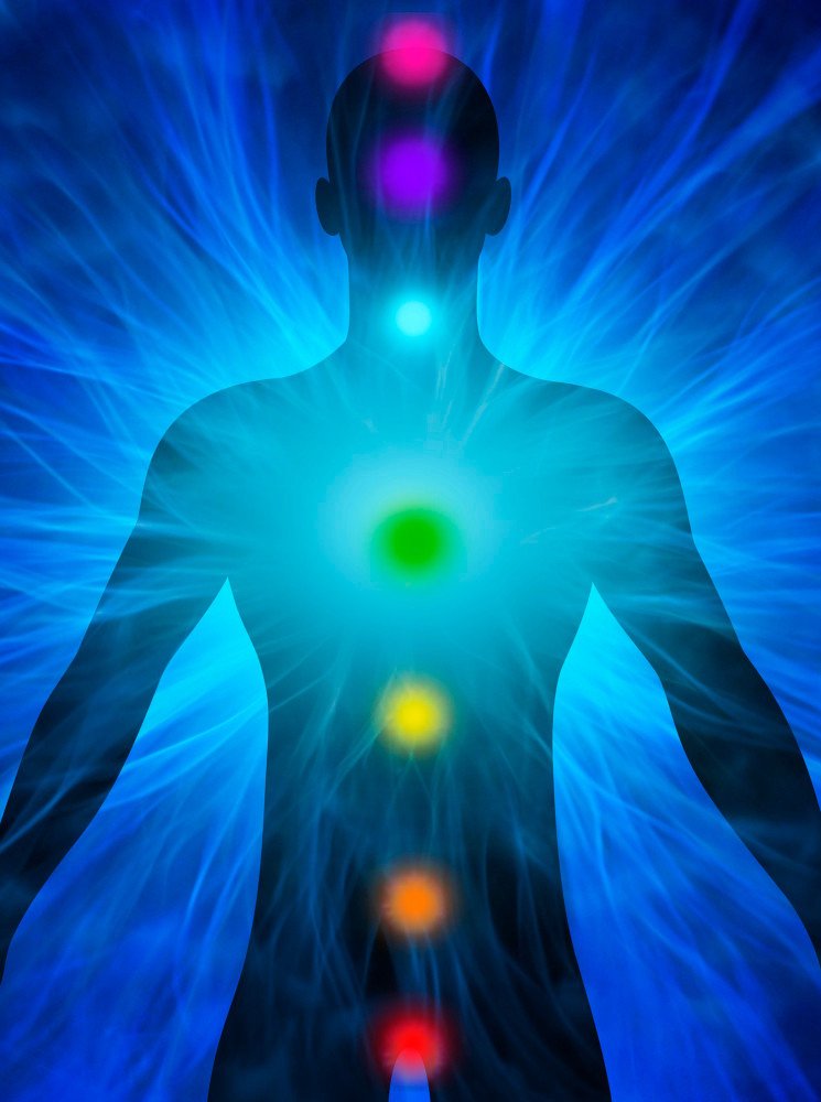 Life force energy permeating everything, human body with seven main chakras